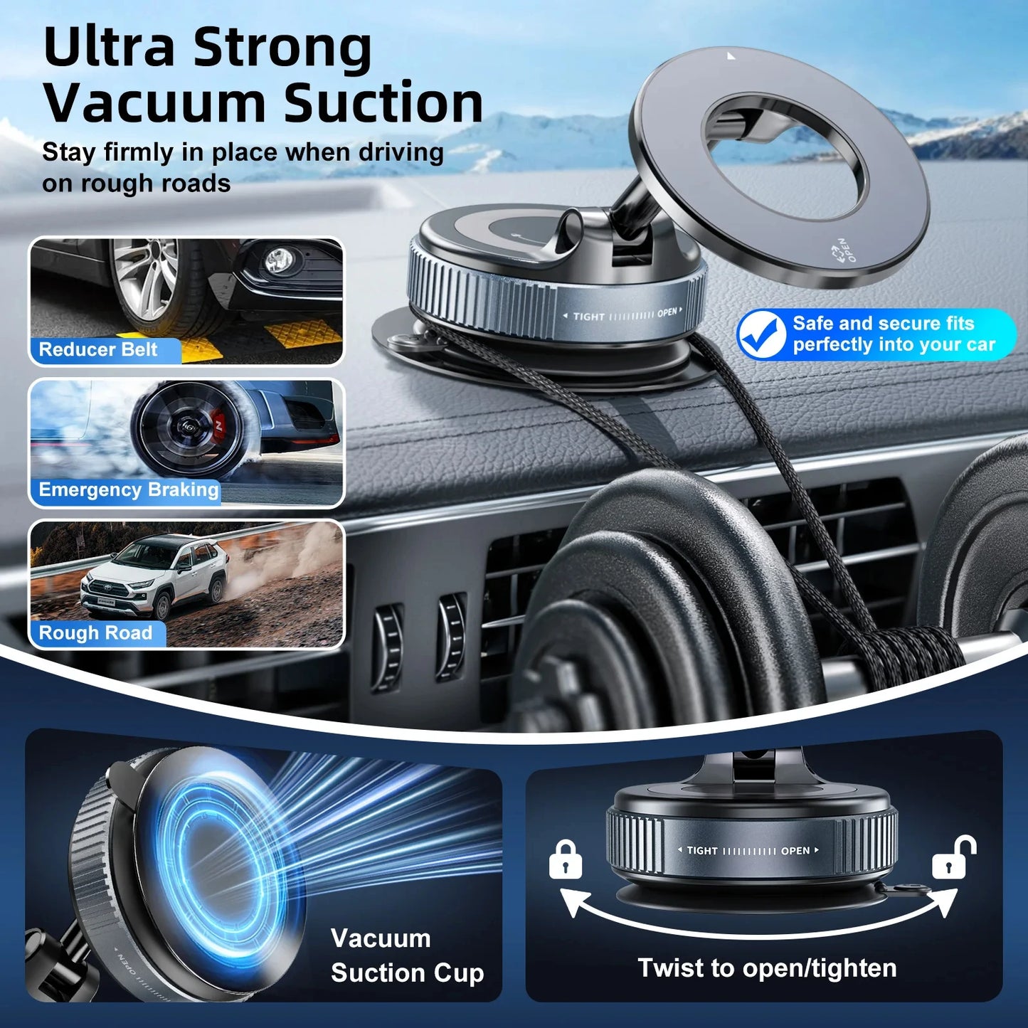 Magnetic Car Phone Holder 360 Rotation Vacuum Mount Foldable Strong Suction