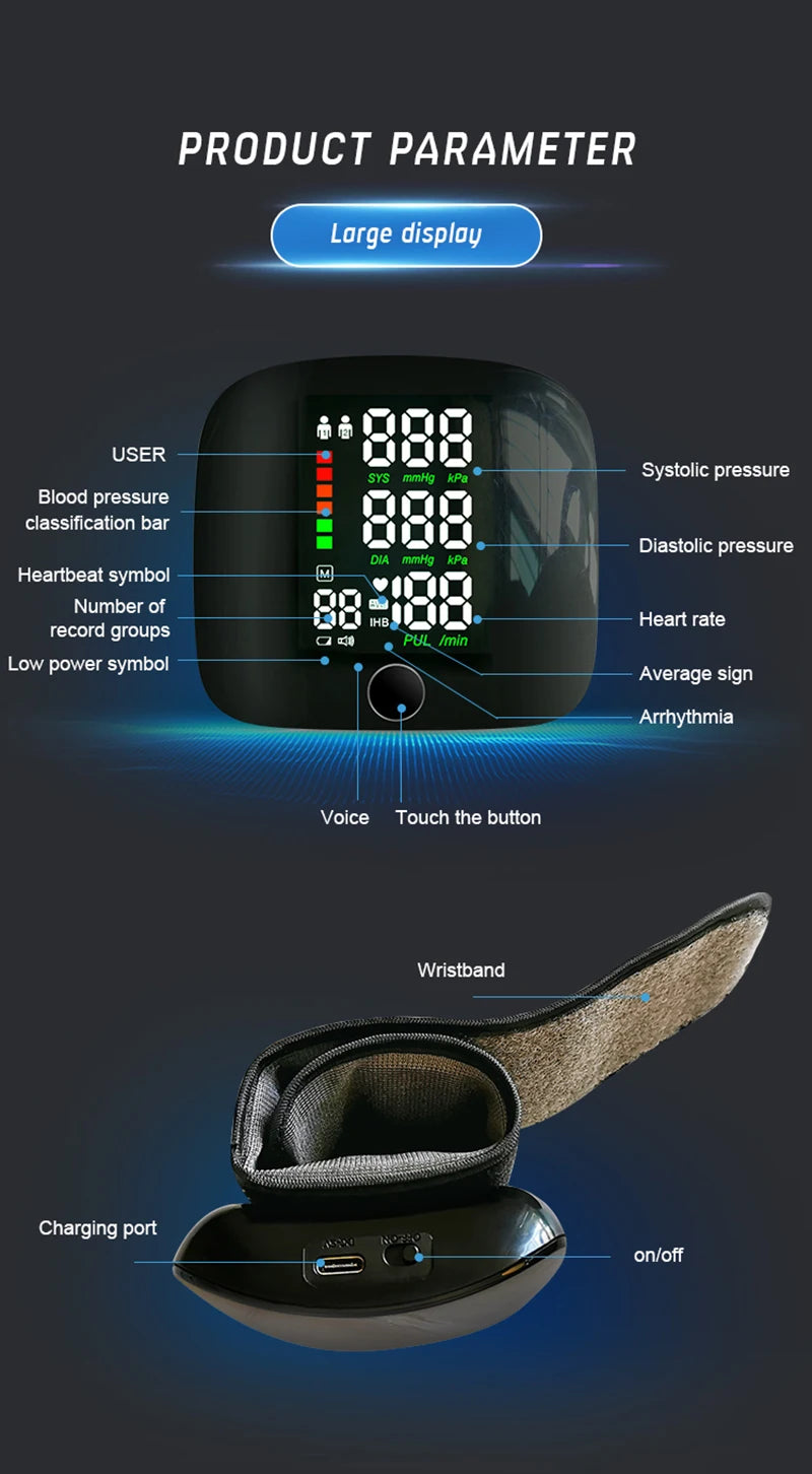 Wrist Blood Pressure Monitor With Voice Function USB Rechargeable And Heart Rate