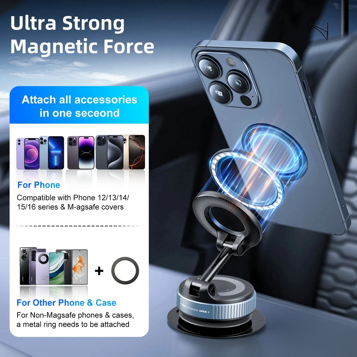Magnetic Car Phone Holder 360 Rotation Vacuum Mount Foldable Strong Suction